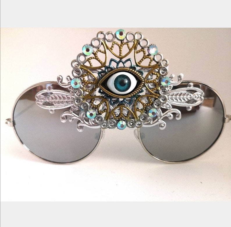 SILVER Metallic Festival Rave Third Eye Round Funky Clothing Accessories Sunglasses Unisex image 2