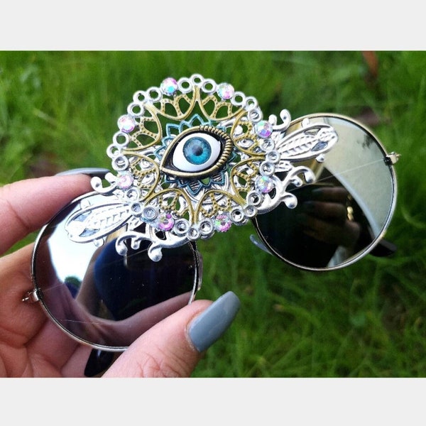 SILVER Metallic Festival Rave Third Eye Round Funky Clothing Accessories  Sunglasses Unisex