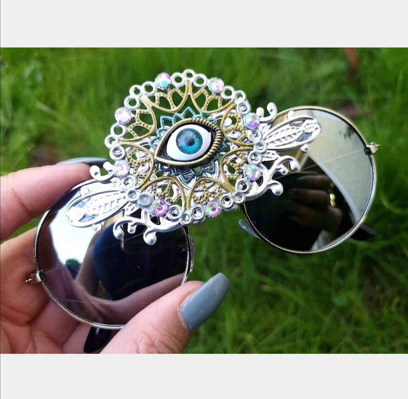 SILVER Metallic Festival Rave Third Eye Round Funky Clothing Accessories Sunglasses Unisex image 1