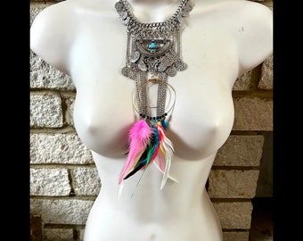 Big Boho Long Silver Layered Statement Necklace with Coloured Feathers