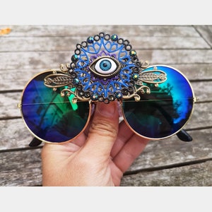 Festival Rave Third Eye Round Funky Clothing Blue Purple Accessories  Sunglasses Unisex
