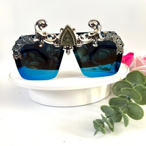 Mens Blue Unique Shield Style Statement Sunglasses with Embellishments
