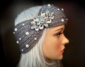 Grey Jewelled Winter Knitted Headband