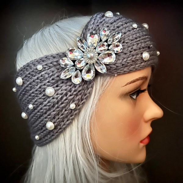 Grey Jewelled Winter Knitted Headband