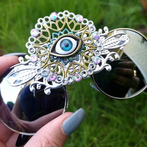 SILVER Metallic Festival Rave Third Eye Round Funky Clothing Accessories Sunglasses Unisex image 4