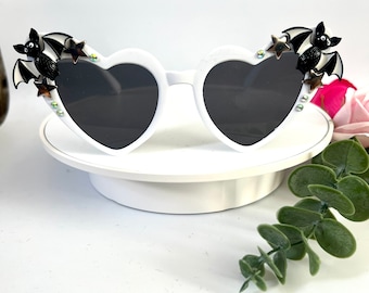 Bat White Heart Sunglasses Halloween Gothic Accessories