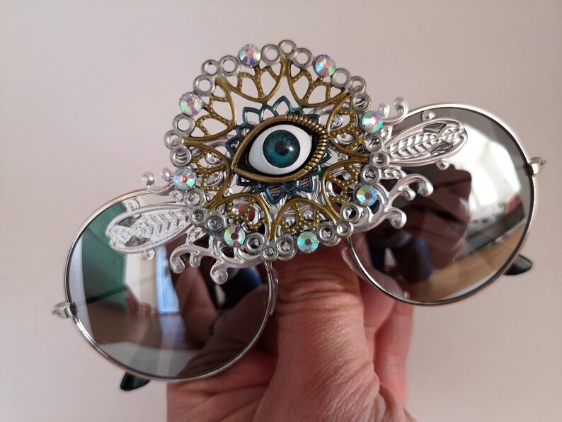 SILVER Metallic Festival Rave Third Eye Round Funky Clothing Accessories Sunglasses Unisex image 3