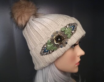Beige  Knitted Embellished Winter Hat With Vintage Style Jewels