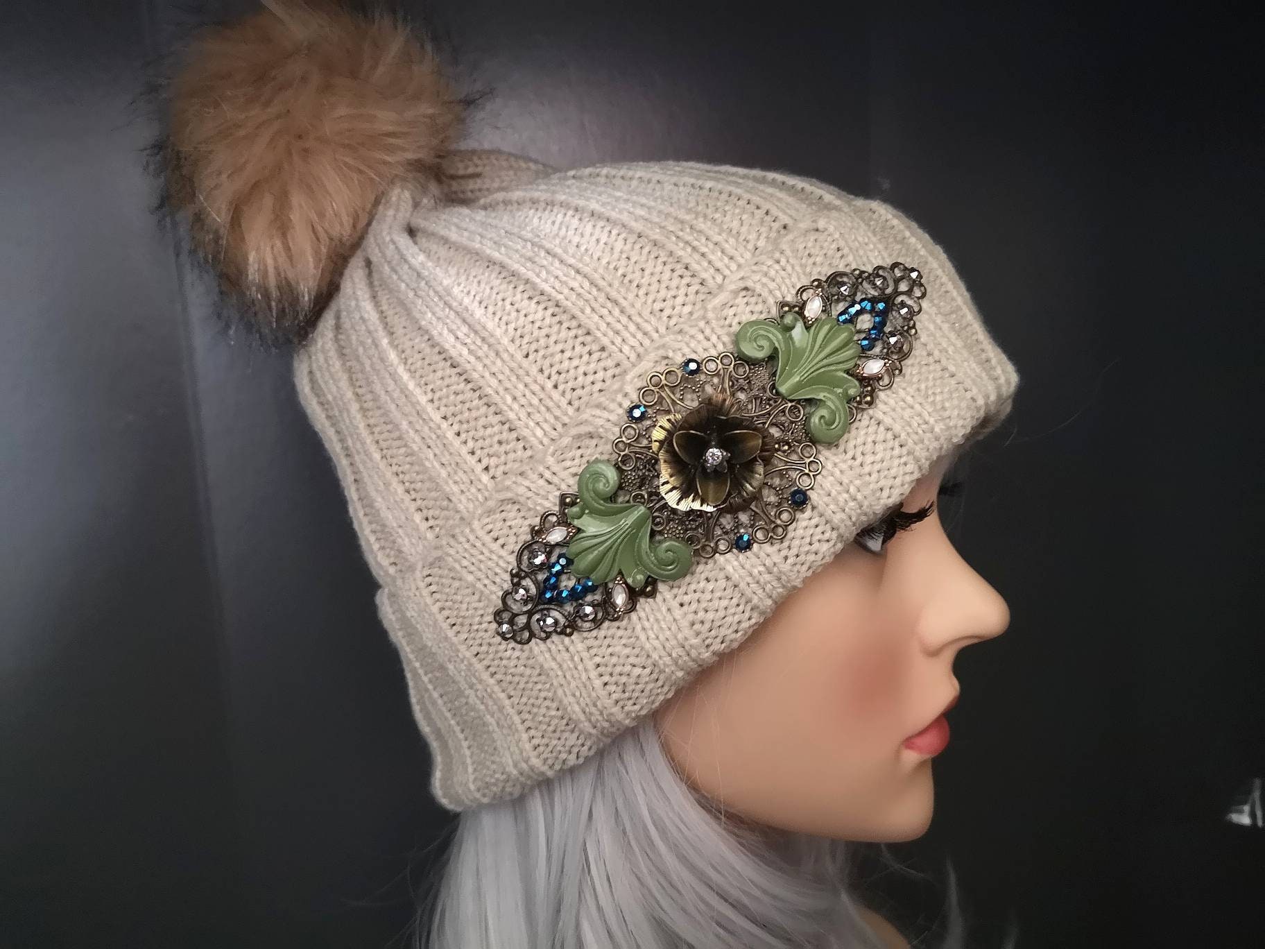 Oversized Faux Fur Beanie With Pom Elegant Faux Pearl Decor Ear