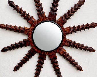 espejo sol madera Vintage Sunburst Mirror – Hand Carved Wood – Sculptural Wall Art – Rustic Wabi Sabi Decor mirroir soleil ancien