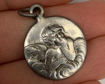 Vintage Cherub Pendant Silver Tone Love Token Cherub Angel Medal Pendant