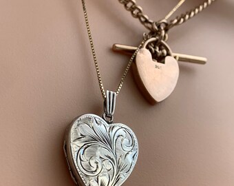 Victorian Sterling Silver Heart Engraved Locket Heart Shape Large Locket