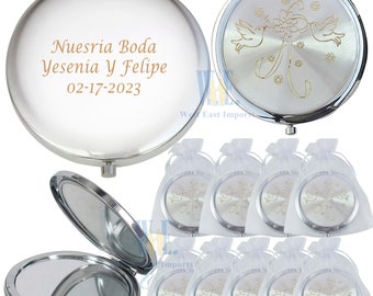 Wedding Party Favors (12 PCS) Personalized Custom Laser Engraving Bridal Shower Anniversary Engagement Favors Dove Compact mirror for Guest