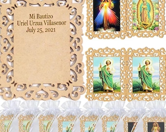 Personalized Baptism Favor 12 PCS Wooden Frames Engraved 1St Communion Christening Memorial Gift Our Lady of Guadalupe St Jude Divine Mercy