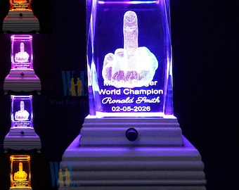 3D Middle Finger Crystal Award Laser Engraved Multi-Color LED Light Base Personalized Gift Box