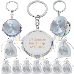 Personalized Baptism Favor (12 PCS) Mini Compact Mirror Keychain Recuerdos de Bautizo Christening Religious Gift for Guest with Organza Bag