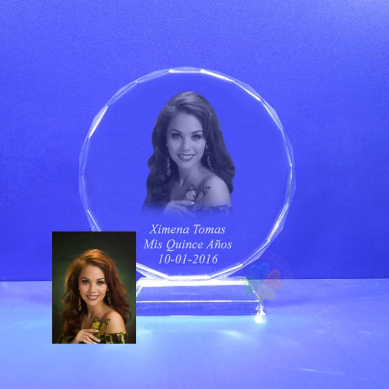 Photo Crystal Laser Etched Engraving with personalized Custom Mis Quince A\u00f1os Baptism Graduation School Awards HL091