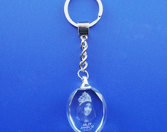 Photo Crystal Laser Etched Engraving with personalized Custom Keychain for Mis Quince Años, Company Logo, First Communion, Graduación