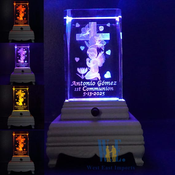 Personalized First Communion 3D Crystal Gift (1 piece) LED Light Base Religious Prayer Angel Ascension Catholic Sacrament  for boy and girl