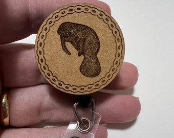 Laser Engraved Manatee Wood Badge Reel: Tropical Office ID Holder
