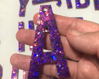 Pink, purple, blue Glitter  Initial keychain, Resin Letter Keychain, glitter keychain, Large letter keychain, Keyring, Resin Keyring