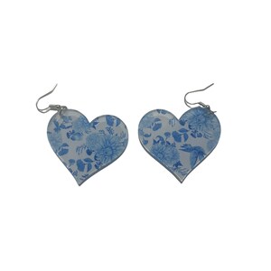 Heart shape, blue floral acrylic earrings, Floral earrings, laser-cut blue floral earrings, Acrylic heart dangle Earrings