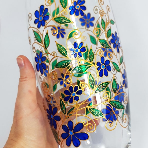 Flowers Big Vase for Women, Garden Painted Glass Vase, Blue Flowers Beautiful Vase Gifts - LNDecor Handmade