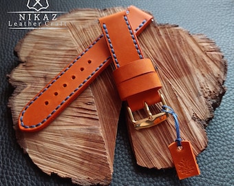 Handgefertigtes Uhrenarmband aus orangem Crazy Horse Leder, Stich blau