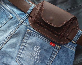 Коричневый кожаный поясной кошелек. Стильное и минималистичное решение для удобного ношения карт и наличных (Р009)