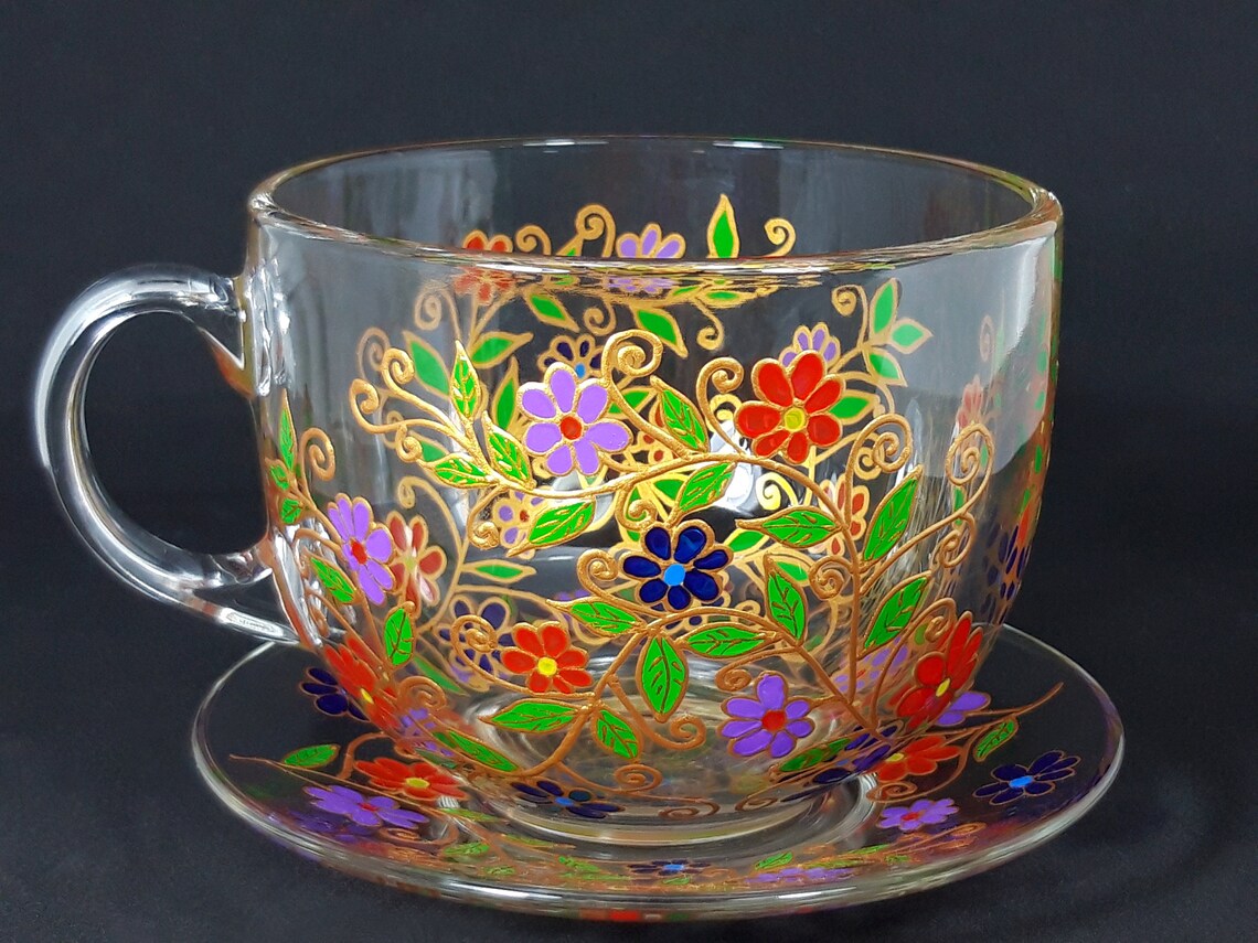 Unique Flowers Hand Painted Big Glass Mug Set Personalized Etsy