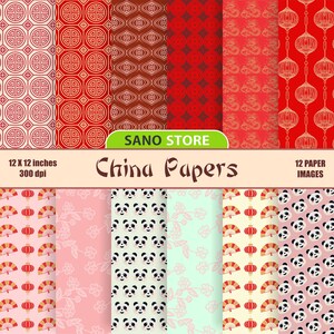 Paquete de papel digital para álbum de recortes, diseño de panda de Sakura de China, color rojo y rosa, fondos de dibujos animados imprimibles, papeles imprimibles, 12 x 12 pulgadas, 300 ppp.