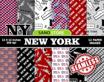 Op de afbeelding: Twaalf digitale papierafbeeldingen met New York City-thema's. De patronen omvatten het Vrijheidsbeeld, de Amerikaanse vlag en straatnaamborden. De tekst "NEW YORK" wordt weergegeven in grote, vetgedrukte letters. De tekst "12 PAPIERBEELDEN" en "NAADLOOS" wordt ook weergegeven.
