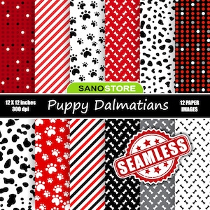 Dalmatians, Dog, Puppy, Scrapbook, Paw, White, Black, Red, Backgrounds, craft, Digital paper pack - printable papers, download, Seamless