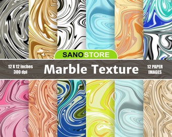 May include: Twelve digital paper designs featuring abstract marble textures in various colors, including black, white, gray, brown, orange, yellow, blue, green, pink, and teal. Each design is 12 inches by 12 inches and 300 dpi. SANOSTORE Marble Texture 12 Paper Images.