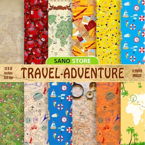 Viajes, Aventura, El mundo, Vacaciones, Billete, Álbum de recortes, Paquete de papel digital, Manualidades, Imprimible, Fondos, Papeles imprimibles