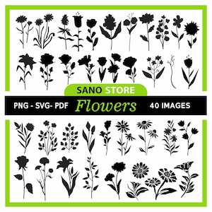 Blumen, Blume, schwarz weiß Clipart, schwarze Blume Clipart, png, svg, pdf, Clipart, schwarzes Blatt, Blume Clipart, bedruckbar, Bundle