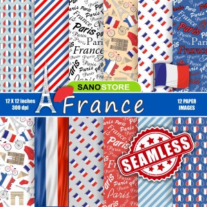 Frankreich, Paris, Eifel, nahtlos, Vaterländisch, Digitales Papier, Flagge, bedruckbar, Hintergrund, blau, rot, Scrapbook Papier, Held, Sofort Download