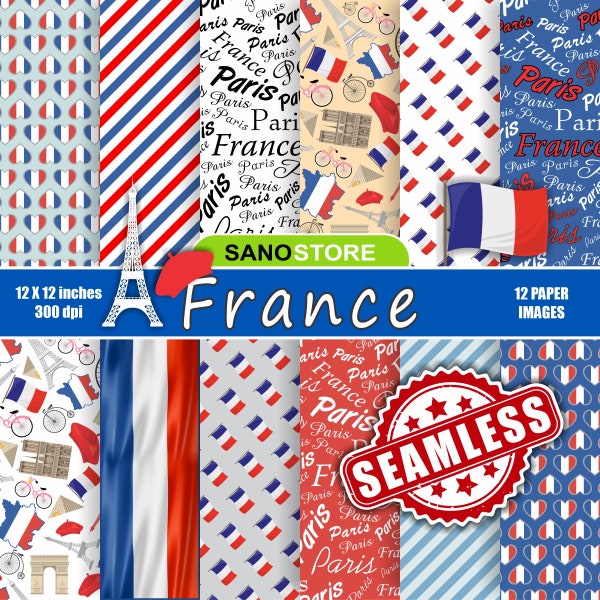 France, Paris, Eifel, Seamless, Patriotic Digital Paper, Flag, Printable, backgrounds, Blue, Red, Scrapbook Paper, Hero, Instant Download