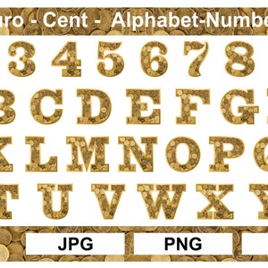 May include: A set of gold-colored alphabet letters and numbers, each made of a pile of euro coins. The letters and numbers are arranged in rows, with the numbers 1 through 0 on the top row, the letters A through I on the second row, J through R on the third row, and S through Z on the bottom row. The image includes the text "Euro - Cent - Alphabet-Numbers" and "6 Inches".