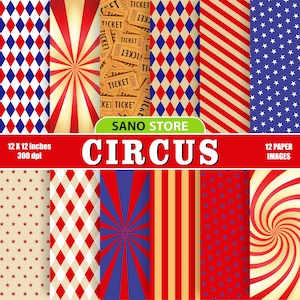 Circus, Chapito, Ticket, Popcorn, Digital Papers printable, Backgrounds, Red White Blue, Scrapbook Paper, American, Instant Download