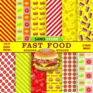 May include: Twelve digital paper designs featuring a fast food theme. The designs include red and yellow stripes, red and white polka dots, yellow and green stripes, and a pattern of hamburgers, french fries, and soda cups. The text "SANO STORE FAST FOOD BURGER" is included in the center of the image.