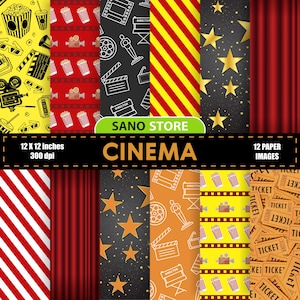 Cinema, Movie, Film,Ticket, Popcorn, Hall, Digital Papers printable, Backgrounds, Black, Yellow, Red Scrapbook Paper, American, Download