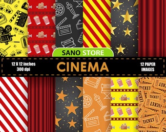 Cinema, Movie, Film,Ticket, Popcorn, Hall, Digital Papers printable, Backgrounds, Black, Yellow, Red Scrapbook Paper, American, Download