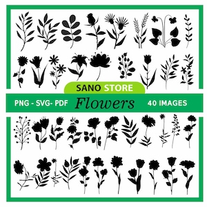 Blumen, Blume, schwarz weiß Clipart, schwarze Blume Clipart, png, svg, pdf, Clipart, schwarzes Blatt, Blume Clipart, bedruckbar, Bundle