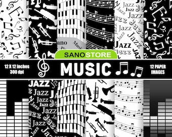 以下が含まれることがあります： 黒と白の音楽をテーマにした12枚のデジタルペーパー画像のセット。画像には、音符、ピアノの鍵盤、さまざまなサイズとスタイルで繰り返される「Jazz」という言葉が含まれています。ペーパーは30.48 cm x 30.48 cmで、300 dpiです。