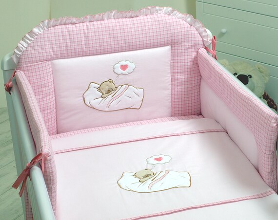 Bumper Fits Cot Bed Hearts Baby Canopy Luxury 8 Piece Cot Bedding Set 