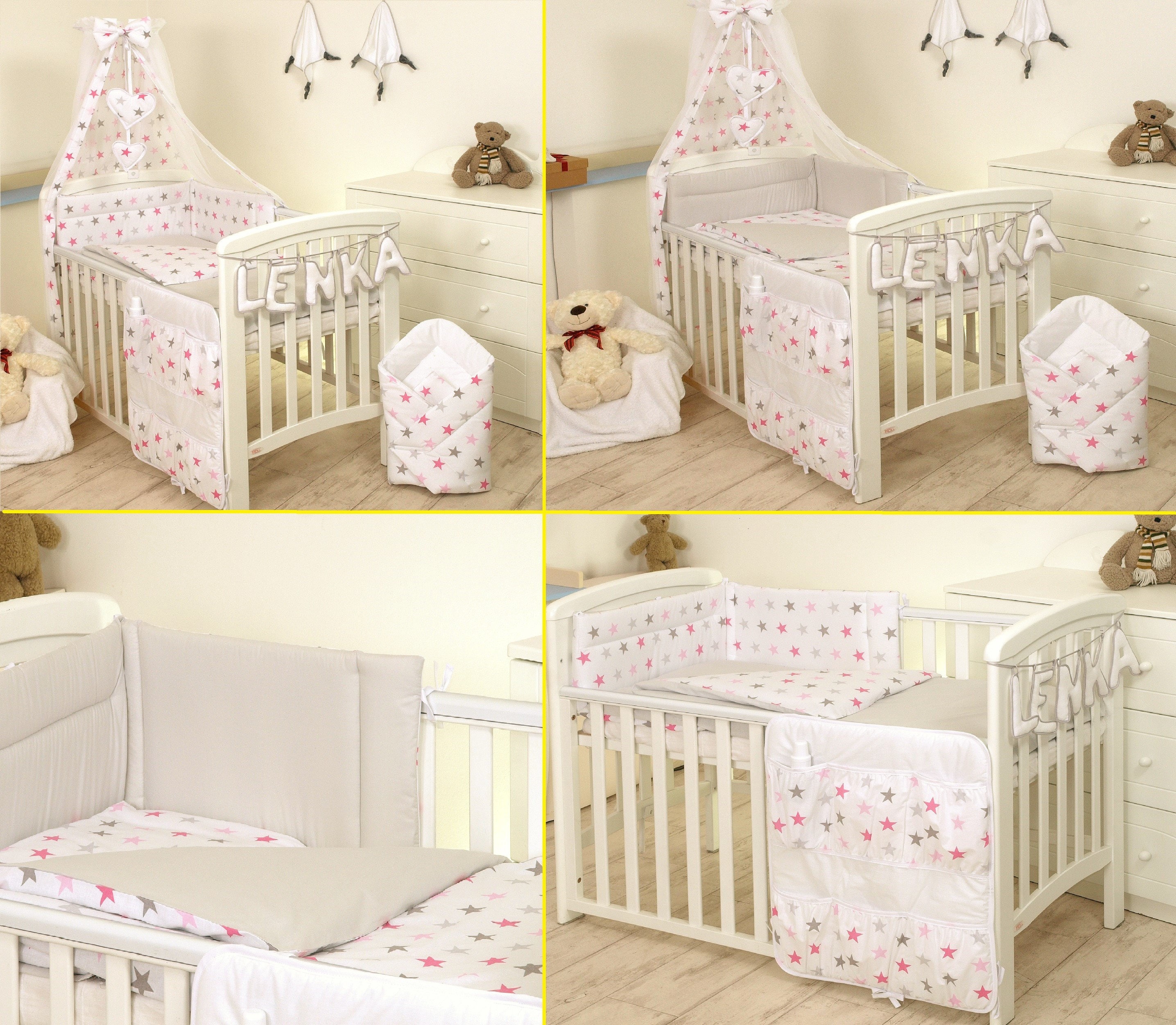 8 pc cot //cot bed bedding sets PILLOW BUMPER CASES pink stars grey duvet cover
