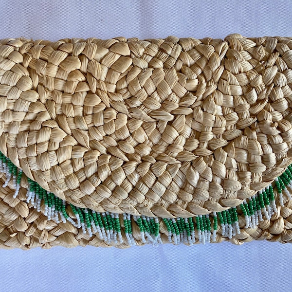 SHIPS FREE Beaded tassel fringe trim straw clutch purse, boho straw handbag, palm beach style - white, green