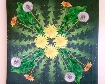 Silk Artwork - Stretched Silk over Cotton Wall Art - Nature Wildflower Art - Dandelion Flower Seed Puff - Title:  Dandelion Cycle