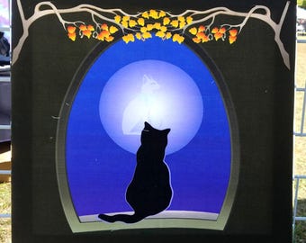 Wall-hanging - Bast in the Moon - Halloween Decoration - Black Cat Art - Goddess Art - Occult Art